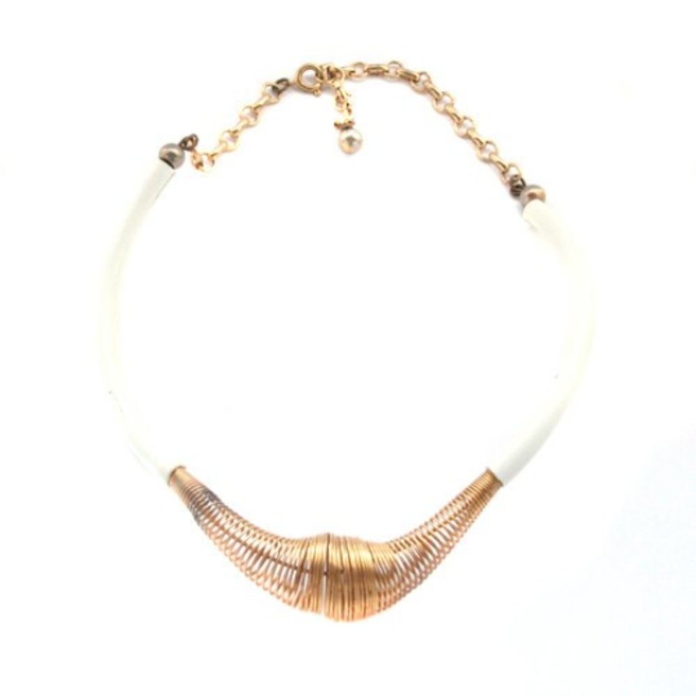 Vintage 80s Slinky Gold and White Metal Choker Collar Necklace
